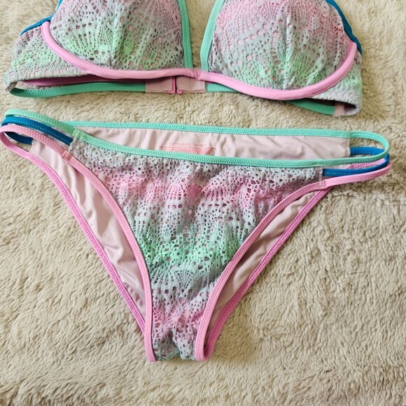 Victorias Secret Mermaid Ombre Pastel Lace Triangle Bikini Set Multicolor 34D M - Picture 2 of 11